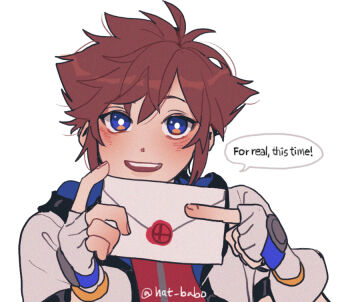 1boy blue_eyes blush brown_hair commentary english_commentary english_text envelope gloves happy hat_babo holding holding_envelope hood kingdom_hearts male_focus nintendo pointing short_hair smash_invitation smile sora_(kingdom_hearts) super_smash_bros. twitter_username white_background