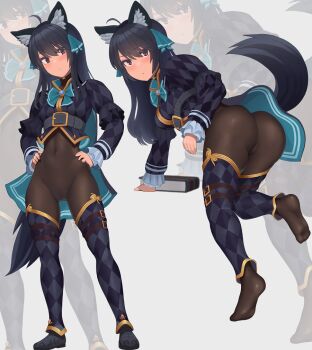 1girl ahoge animal_ear_fluff animal_ears aqua_bow aqua_bowtie aqua_cape aqua_ribbon argyle_clothes argyle_legwear argyle_shirt argyle_thighhighs arm_support ass belt_buckle bent_over black_cape black_hair black_shirt black_thighhighs bodystocking bodysuit bodysuit_under_clothes book borrowed_character bow bowtie breasts brooch brown_bodysuit brown_eyes buckle cameltoe cape chest_belt closed_mouth commentary commission covered_navel dot_mouth expressionless feet frilled_sleeves frills from_behind from_side furrowed_brow gold_trim groin hair_between_eyes hair_ribbon hands_on_own_hips head_tilt hip_bones impossible_bodysuit impossible_clothes jewelry leaning_forward long_hair long_sleeves looking_at_viewer looking_back looking_to_the_side lvi making-of_available multiple_views narrow_waist no_pants no_shoes paid_reward_available presenting presenting_ass ribbon shirt small_breasts soles solo_focus svartlilja_(vrchat) tail thigh_gap thighhighs toes twisted_torso two-sided_fabric vrchat white_background white_trim wolf_ears wolf_girl wolf_tail zoom_layer