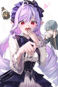 1boy 1girl absurdres arin_art black_nails black_skirt blush bow bowtie breasts center_frills dress drill_hair drill_sidelocks eous_(zenless_zone_zero) frills gem grey_hair hairband hand_to_own_mouth highres long_hair looking_at_viewer medium_breasts mole mole_under_eye multicolored_hair open_mouth pointy_ears purple_bow purple_bowtie purple_gemstone purple_hair purple_hairband red_eyes shrug_(clothing) sidelocks skirt streaked_hair vivian_banshee white_background white_dress white_hair white_shrug wise_(zenless_zone_zero) zenless_zone_zero