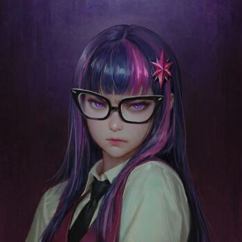 Rule 34 | 1girl, black-framed eyewear, black necktie, blue hair, blunt bangs, byger, cat eye-framed eyewear, collared shirt, dress shirt, frown, furrowed brow, glasses, glowing, glowing eyes, gradient background, hair ornament, looking at viewer, multicolored hair, my little pony, my little pony: equestria girls, my little pony: friendship is magic, necktie, pink vest, purple background, purple eyes, purple hair, shirt, solo, star (symbol), star hair ornament, straight hair, streaked hair, twilight sparkle, twilight sparkle (human), upper body, vest, white shirt