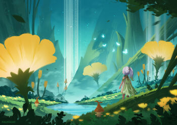 1girl 2others absurdres bug butterfly cape commentary dress english_commentary flower from_behind genshin_impact grass green_cape green_streaks hair_ornament highres insect multicolored_hair multiple_others nahida_(genshin_impact) no_pants outdoors philip_sue_art pointy_ears river scenery side_ponytail streaked_hair water waterfall white_dress white_hair wide_shot yellow_flower