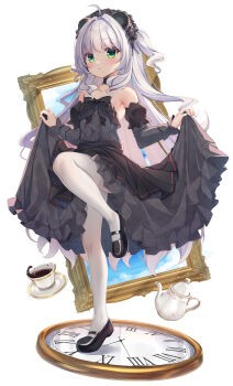 1girl :o absurdres ahoge animal_ears black_bow black_dress black_shoes black_sleeves blush bow clock commentary cup detached_sleeves dress frilled_dress frills green_eyes grey_hair hair_intakes highres ikazu401 layered_sleeves long_hair long_sleeves original panda_ears pantyhose parted_lips picture_frame puffy_short_sleeves puffy_sleeves roman_numeral saucer shoes short_over_long_sleeves short_sleeves simple_background solo standing standing_on_one_leg strapless strapless_dress thighband_pantyhose two_side_up very_long_hair white_background white_pantyhose