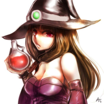 1girl at2. bare_shoulders blunt_bangs breasts brown_hair cleavage closed_mouth detached_sleeves expressionless hat large_breasts long_hair looking_at_viewer minecraft mob_talker potion purple_eyes revision solo witch witch_(minecraft) witch_hat