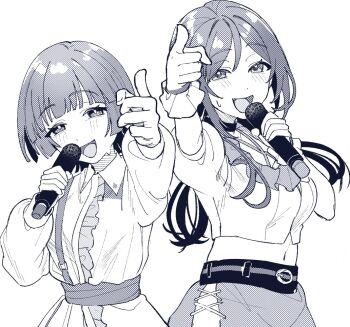 2girls arimura_mao blush commentary_request gakuen_idolmaster highres himesaki_rinami idolmaster long_hair microphone multiple_girls music pointing pointing_at_viewer short_hair singing smile sweatdrop tanupon white_background yuri