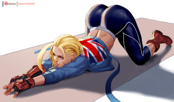 1girl ass asymmetrical_gloves blonde_hair blue_eyes blue_jacket boots union_jack cammy_white gloves huge_ass jacket lejeanx3 pants patreon_username presenting red_boots scar scar_on_face short_hair simple_background street_fighter street_fighter_6 stretching tight_clothes tight_pants top-down_bottom-up yoga_pants