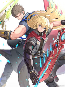 2boys aegis_sword_(xenoblade) ahoge back-to-back blonde_hair brown_hair cape coat dual_wielding foot_out_of_frame gonzarez green_eyes hair_between_eyes highres holding holding_sword holding_weapon long_hair monado_rex multiple_boys muscular muscular_male prosthesis prosthetic_arm red_cape rex_(xenoblade) scar scar_across_eye scar_on_face short_sleeves shulk_(xenoblade) sword weapon xenoblade_chronicles_(series) xenoblade_chronicles_3 xenoblade_chronicles_3:_future_redeemed yellow_eyes