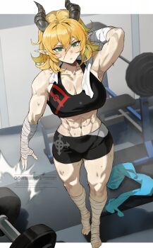1girl abs blonde_hair breasts cleavage commission green_eyes horns muscular park_ongjol pointy_ears scar sweat sweatdrop tagme