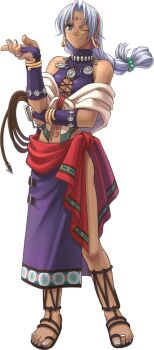 1girl bindi bridal_gauntlets dark-skinned_female dark_skin eiyuu_densetsu falcom female_focus full_body gloves green_eyes halterneck jewelry long_hair long_image midriff nail_polish navel navel_piercing necklace official_art one_eye_closed piercing sandals scherazard_harvey silver_hair simple_background smile solo sora_no_kiseki tall_image toe_ring toenail_polish toenails weapon whip white_background wink