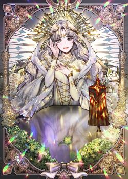 1girl benigore_(regressor&#039;s_instrunction_manual) dress eu_(euspia) flag hair_ornament hand_on_own_chest hand_on_own_face light long_hair reflective_table regressor&#039;s_instruction_manual smile solo upper_body white_dress