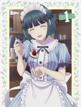 1girl ^_^ anime_coloring apron aqua_dress back_ribbon black_ribbon blu-ray_cover blunt_bangs blush bob_cut border breasts center_frills closed_eyes coffee_pot cover dress facing_viewer familia_uniform food frilled_apron frilled_dress frilled_shirt_collar frilled_sleeves frills green_hair hair_ribbon hand_up head_tilt holding holding_food holding_ice_cream_scoop_(utensil) ice_cream_scoop_(utensil) ice_cream_spoon incoming_food maid maid_headdress marvelous medium_breasts megami_no_cafe_terrace neck_ribbon noguchi_masatsune numbered official_art ono_shiragiku open_mouth outside_border outstretched_hand plate plate_stack puffy_short_sleeves puffy_sleeves ribbon rounded_collar shelf short_sleeves solo spoon standing striped_clothes striped_dress third-party_source vertical-striped_clothes vertical-striped_dress waist_apron white_apron white_headdress white_ribbon