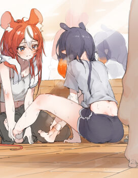 1other 2girls absurdres animal_ears barefoot black_hair black_shorts blue_eyes breasts chocosong cleavage collarbone commentary_request from_behind grey_shirt hair_between_eyes hakos_baelz highres hololive hololive_english long_hair looking_at_another midriff mirror mouse_ears mouse_girl multicolored_hair multiple_girls navel ninomae_ina&#039;nis red_hair reflection shirt shorts sitting small_breasts sweat toes towel towel_around_neck virtual_youtuber white_hair