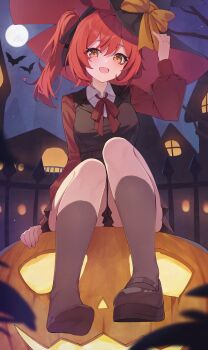 1girl absurdres arm_at_side arm_up bitseon black_ribbon black_shoes black_skirt black_socks black_vest blurry borrowed_character bow breasts brown_eyes collared_shirt commission depth_of_field double-parted_bangs foliage full_body full_moon hair_ribbon hand_on_headwear hand_rest happy hat hat_bow highres house jack-o&#039;-lantern light_blush long_hair long_sleeves looking_at_viewer mary_janes miniskirt moon night night_sky on_pumpkin open_mouth original outdoors pleated_skirt pumpkin red_hair red_sleeves ribbon second-party_source see-through_clothes see-through_socks shirt shoes side_ponytail simple_bat single_bare_foot skirt sky small_breasts smile socks solo star_(sky) starry_sky straight-on two-sided_fabric two-sided_headwear urban vest white_shirt wing_collar witch_hat yellow_bow