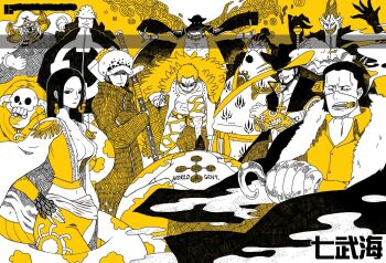 1girl 6+boys bartholomew_kuma boa_hancock buggy_the_clown coat coat_on_shoulders collared_shirt commentary_request crocodile_(one_piece) donquixote_doflamingo dracule_mihawk earrings facial_hair gecko_moria goatee hair_slicked_back hand_on_own_hip hat_feather highres hook_hand jewelry jinbe_(one_piece) korean_commentary leg_hair marshall_d._teach multiple_boys one_piece salome_(one_piece) shirt snake snake_earrings steelscarlet stitched_face stitches trafalgar_law yellow_theme