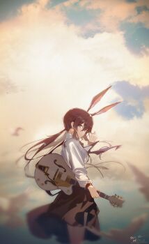1girl absurdres amiya_(arknights) animal_ears arknights black_skirt blue_eyes brown_hair closed_mouth commentary from_side guitar hair_between_eyes highres holding holding_guitar holding_instrument instrument long_hair looking_at_viewer low_ponytail ponytail rabbit_ears rabbit_girl shirt skirt solo white_shirt yubo_(youzidmw)