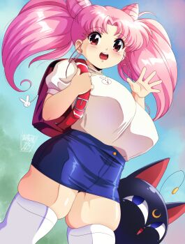 1girl absurdres alternate_breast_size_(larger) alternate_costume backpack bag bishoujo_senshi_sailor_moon breasts chibi_usa danmakuman highres large_breasts luna-p oppai_loli pink_hair randoseru skindentation twintails
