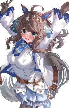 1girl absurdres ahoge ame_sagari animal_ears belt black_gloves black_pantyhose blue_eyes blue_necktie blue_skirt blush breasts brown_belt brown_hair commentary_request daring_tact_(umamusume) dress gloves green_eyes hair_between_eyes hair_ornament highres horse_ears horse_girl horse_tail jacket large_breasts long_hair looking_at_viewer necktie open_clothes open_jacket open_mouth pantyhose simple_background skirt smile solo star_(symbol) star_hair_ornament star_ornament tail umamusume v white_background white_dress white_jacket