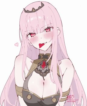1girl armlet artist_name bare_shoulders black_dress black_tiara blush breasts cleavage collarbone commentary dress grin heart highres hololive hololive_english jewelry kamiya_maneki large_breasts long_hair looking_at_viewer mori_calliope mori_calliope_(1st_costume) mouth_hold pink_eyes pink_hair signature simple_background smile solo tiara twitter_username virtual_youtuber white_background
