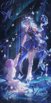 Rule 34 | 2girls, absurdres, bare shoulders, barefoot, black bow, black gloves, black tiara, blue butterfly, blue dress, blue eyes, blue flower, blue hair, blue shoes, blue sleeves, bow, bug, butterfly, character request, chinese commentary, coattails, collared dress, commentary request, commission, covered collarbone, detached sleeves, dress, dress flower, eyelashes, feet, floating hair, flower, footwear bow, frilled gloves, frilled sleeves, frills, full body, gloves, hair between eyes, hand on own chest, high heels, highres, holding hands, identity v, indoors, insect, light particles, long dress, long hair, long hair between eyes, long sleeves, looking at another, low ponytail, medium hair, mu ci, multiple girls, night, pink hair, ponytail, puffy long sleeves, puffy sleeves, reaching, reflective floor, see-through clothes, see-through thighhighs, shoes, short dress, short sleeves, single thighhigh, sitting, sleeveless, sleeveless dress, standing, tailcoat, thighhighs, tiara, toes, very long hair, wavy hair, white dress, white thighhighs, window