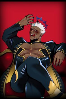 1boy abs_cutout absurdres bara black_bodysuit black_nails bodysuit cleavage_cutout clothing_cutout collared_coat crossed_legs dark-skinned_male dark_halo dark_skin facial_tattoo feet_out_of_frame gold_trim halo highres israfil_(housamo) large_pectorals letterboxed licking_lips liquid lisuchi long_sleeves looking_at_viewer male_focus muscular muscular_male pectoral_cleavage pectorals red_background red_eyes short_hair signature sitting solo spiked_hair tattoo tokyo_houkago_summoners tongue tongue_out white_hair