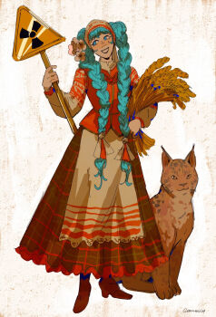 1girl :d aqua_hair artist_name belarus belarusian_miku blue_eyes brown_dress brown_footwear cat dress flower germanich hair_flower hair_ornament hatsune_miku highres long_hair long_sleeves lynx lynx_(species) open_mouth radiation_symbol simple_background slavic_miku smile solo twintails very_long_hair vocaloid wheat worldwide_miku