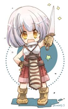1girl :d boots brown_boots brown_gloves brown_shirt chest_guard chibi chibi_only commentary_request dagger full_body gloves grey_hair holding holding_dagger holding_knife holding_weapon knife novice_(ragnarok_online) open_mouth pelvic_curtain ragnarok_online red_shorts shinonome_moegi shirt short_hair shorts sleeveless sleeveless_shirt smile solo sparkle standing weapon white_background yellow_eyes