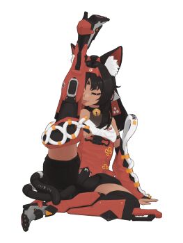 1girl :3 ambiguouscyborg animal_ear_fluff animal_ears arm_support barcode bell black_bridal_gauntlets black_hair black_shorts bridal_gauntlets cable cable_tail cat_ears cat_girl cat_tail closed_eyes commentary corset dark-skinned_female dark_skin facial_mark feet_up forehead_tattoo hairband highres humanoid_robot jingle_bell leg_up licking loli long_hair mechanical_tail multiple_tails neck_bell nekomiya_mana red_corset red_hairband robot shorts simple_background sitting solo symbol-only_commentary tail tattoo thighhighs tongue tongue_out triangle triangle_facial_mark two_tails white_background zenless_zone_zero