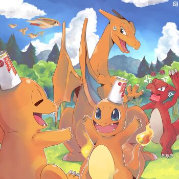 anger_vein arms_up blue_sky burger_king charizard charmander charmeleon claws cloud commentary cup_on_head evolutionary_line fire flame-tipped_tail gen_1_pokemon highres nintendo no_humans open_mouth outdoors painttool_sai_(medium) pidgeot pidgey pirate_yuri pokemon pokemon_(creature) sky sweatdrop tail tree venonat