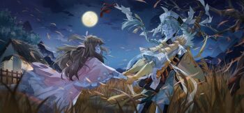 1boy 1girl :d aqua_eyes aqua_hair bare_tree bell black_hair black_ribbon black_shirt black_thighhighs black_vest braid capelet chinese_clothes chinese_commentary cloud colored_skin cowboy_shot dress e_(h798602056) earrings eye_contact facial_mark fang field floating_hair forehead_mark from_side full_moon fur_trim glasses gloves gradient_gloves grey_shorts grey_skin hair_ribbon hanfu hat highres holding_another's_wrists house jewelry jiangshi jingle_bell long_hair looking_at_another moon night official_art open_mouth orange_capelet orange_gloves outdoors outstretched_arms parted_bangs pince-nez pink_dress pink_ribbon profile pulling qingdai_guanmao reeds ribbon shirt shorts shoulder_guard single_braid smile standing stitched_arm stitched_face stitches stuffed_duck_(the_tale_of_food) surprised sword talisman tassel tassel_earrings the_tale_of_food thighhighs tree two-tone_shirt two-tone_thighhighs two_side_up undead very_long_hair vest weapon weapon_on_back white_shirt white_thighhighs wide-eyed