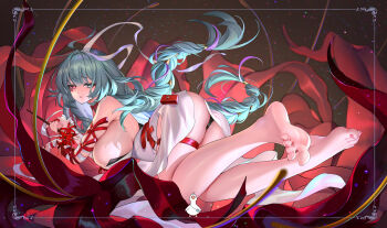 1girl ass barefoot blush breasts feet grey_eyes grey_hair heterochromia highres large_breasts long_hair looking_at_viewer panties pantyshot parted_lips phrolova_(wuthering_waves) red_eyes soles toes underwear wuthering_waves yue_xiao_e