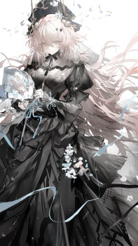 1girl absurdres amiya_(arknights) arknights black_dress blue_ribbon breasts commentary dress highres horns juliet_sleeves light_particles long_hair long_sleeves luozhou_pile medium_breasts pink_eyes pink_hair puffy_sleeves ribbon simple_background solo theresa_(arknights) white_background