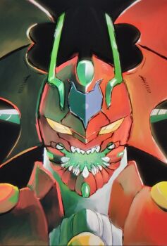 bat_wings biomechanical commentary demon_wings getter_arc getter_robo getter_robo_arc head_wings highres horns looking_at_viewer mecha mecha_focus open_mouth portrait red_wings robot sharp_teeth solo super_robot teeth user_haay5824 wings yellow_eyes