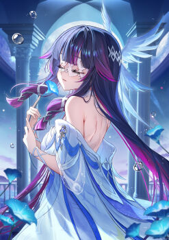 Rule 34 | 00nanona, 1girl, absurdres, backless dress, backless outfit, bare shoulders, black hair, blue flower, closed eyes, columbina (genshin impact), commentary request, dress, flower, genshin impact, head wings, highres, holding, holding flower, multicolored hair, off-shoulder dress, off shoulder, partial commentary, purple hair, solo, white dress, wings