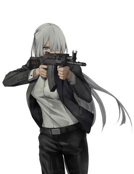 1girl absurdres ak-15 ak-15_(erwin)_(girls'_frontline) ak-15_(girls'_frontline) artist_name assault_rifle belt black_belt black_jacket black_pants commentary english_commentary feet_out_of_frame formal_clothes girls'_frontline grey_hair gun highres holding holding_gun holding_weapon jacket kalashnikov_rifle long_hair long_sleeves looking_at_viewer matsu_arts official_alternate_costume official_style open_clothes open_jacket pants purple_eyes rifle shirt solo standing twitter_username weapon white_background white_shirt