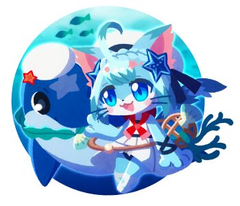 1girl :3 ahoge akurara_(cat_busters) animal_ears animal_hands blue_eyes blue_fur blue_hair blush_stickers braid cat_busters cat_ears cat_girl chibi chibi_only chibikemo circle commentary_request crown_braid dolphin fish furry furry_and_animal furry_female hair_ornament hat highres no_lineart oceannuts open_mouth sailor_hat school_uniform seashell seaweed serafuku shell solo_focus star_(symbol) star_hair_ornament transparent_background whiskers white_hat white_serafuku