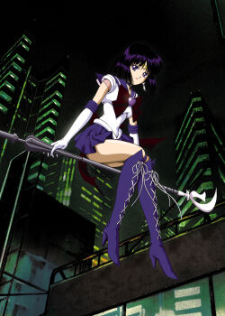 1990s_(style) 1girl bishoujo_senshi_sailor_moon black_hair boots bow brooch broom broom_riding brown_bow choker city earrings elbow_gloves female_focus full_body glaive_(polearm) gloves heart heart_brooch high_heels hino_ryutaro holding holding_polearm holding_spear holding_weapon jewelry knee_boots lace-up_boots magical_girl night pleated_skirt polearm purple_boots purple_eyes purple_skirt retro_artstyle ribbon sailor_saturn shoes short_hair sidesaddle silence_glaive sitting skirt smile solo spear super_sailor_saturn tiara tomoe_hotaru weapon white_gloves