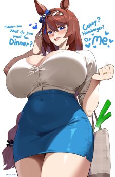 1girl alternate_costume animal_ears bag blue_eyes bow braid breasts brown_hair commentary covered_navel english_commentary english_text hair_between_eyes highres horse_ears horse_girl horse_tail huge_breasts long_hair looking_at_viewer miniskirt monkey_jon multicolored_hair open_mouth pencil_skirt shinkon_santaku shirt shopping_bag simple_background skirt solo spring_onion streaked_hair super_creek_(umamusume) tail umamusume very_long_hair white_background white_hair