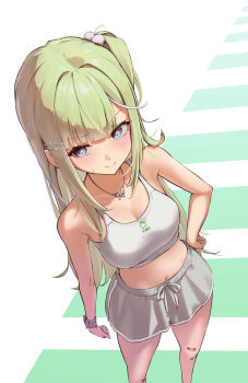 1girl absurdres bandaid bandaid_on_knee bandaid_on_leg bare_shoulders blush breasts character_name closed_mouth clothes_writing contrapposto crop_top dolphin_shorts drawstring green_hair grey_nails grey_shorts hair_ornament hairclip hand_on_own_hip highres jewelry kitsune_hero long_hair looking_at_viewer loungewear medium_breasts midriff multicolored_hair navel necklace official_alternate_costume one_side_up pom_pom_(clothes) pom_pom_hair_ornament purple_eyes shorts solo stellive streaked_hair sweatdrop tank_top very_long_hair virtual_youtuber white_hair white_tank_top yuzuha_riko