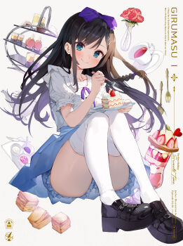 1girl absurdres alina_clover black_footwear blue_eyes blue_skirt blush breasts cake cake_slice closed_mouth copyright_name cover cup cupcake dress dvd_cover eyebrows_hidden_by_hair flower food fork full_body gaou_(umaiyo_puyoman) guild_no_uketsukejou_desu_ga_zangyou_wa_iya_nanode_boss_wo_solo_toubatsu_shiyou_to_omoimasu hair_ribbon highres holding holding_fork jam large_breasts looking_at_viewer official_art pudding purple_ribbon ribbon saucer sitting skirt smile solo spoon tea teacup teapot thighhighs tray vase white_background white_dress white_thighhighs