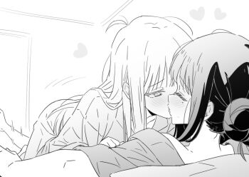 Rule 34 | 2girls, blush, cho kaguya-hime!, closed eyes, commentary request, couple, girl on top, greyscale, hair bun, heart, kaguya (cho kaguya-hime!), kiss, long hair, looking at another, loving aura, lwmina70119, lying, mole, mole under eye, monochrome, motion lines, multiple girls, on back, sakayori iroha, shirt, short sleeves, single hair bun, yuri