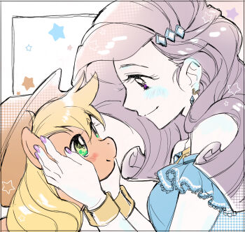 1girl 5mmumm5 applejack bare_arms bare_shoulders blonde_hair blue_dress blush bracelet breasts brown_hat closed_mouth colored_skin commentary cowboy_hat curly_hair diamond_earrings diamond_hair_ornament dress earrings english_commentary frilled_sleeves frills from_side gold_bracelet green_eyes hair_behind_ear halftone hands_on_another's_cheeks hands_on_another's_face hands_up hat highres inset_border jewelry lace-trimmed_sleeves lace_trim long_hair looking_at_animal looking_at_another my_little_pony my_little_pony:_equestria_girls my_little_pony:_friendship_is_magic nail_polish off-shoulder_dress off_shoulder official_alternate_costume pony_(animal) profile purple_eyes purple_hair purple_nails rarity_(equestria_girls) rarity_(my_little_pony) short_sleeves simple_background small_breasts smile solo_focus sparkling_eyes star_(symbol) star_symbol_background tareme upper_body white_background white_skin