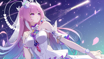 1girl absurdres aqua_hair astral_express_(honkai:_star_rail) bare_shoulders breasts commentary_request cyrene_(demiurge)_(honkai:_star_rail) cyrene_(honkai:_star_rail) diamond-shaped_pupils diamond_(shape) dress earrings falling_petals gradient_hair halo halo_behind_head hand_up highres honkai:_star_rail honkai_(series) jewelry large_breasts long_hair looking_to_the_side multicolored_hair mxirony parted_lips petals pink_hair pointy_ears purple_eyes see-through_clothes see-through_veil shooting_star single_earring solo star_(sky) starry_sky_background symbol-shaped_pupils upper_body veil very_long_hair white_dress white_halo white_veil