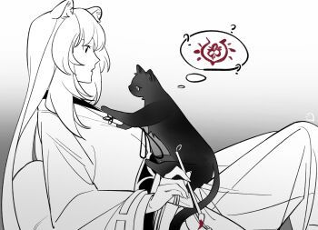 1girl 1other ? absurdres animal_ear_fluff animal_ears animal_on_chest animification breasts cat cat_on_chest chinese_commentary commentary_request cowboy_shot dice657523 gradient_background greyscale hair_between_eyes hakama hakama_skirt highres holding holding_paintbrush image_in_thought_bubble iwatani_naofumi japanese_clothes kosode long_hair long_sleeves looking_at_animal lying monochrome nose obi paintbrush parted_lips raccoon_ears raccoon_girl raphtalia ribbon-trimmed_sleeves ribbon_trim sash signature skirt small_breasts speech_bubble spot_color straight_hair swept_bangs tate_no_yuusha_no_nariagari thought_bubble wide_sleeves