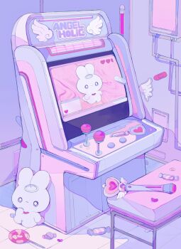 bandaid candy food heart_wand highres indoors industrial_pipe isometric limited_palette lollipop no_humans original pepparmint310 screen sticker stool stuffed_animal stuffed_rabbit stuffed_toy swirl_lollipop trash vending_machine video_game wand white_fur yume_kawaii