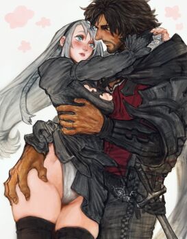 Rule 34 | 1boy, 1girl, 2b (nier:automata), 2b (nier:automata) (cosplay), beard, black cape, black dress, black thighhighs, braid, cape, chinstrap beard, cleavage cutout, clive rosfield, clothing cutout, commentary, company connection, cosplay, dress, facial hair, final fantasy, final fantasy xvi, grey hair, highleg, highleg leotard, highres, jewelry, jill warrick, kasuke (li tgknk), leotard, leotard under clothes, long hair, low-tied long hair, nier:automata, nier (series), ring, scar, scar on face, single braid, square enix, symbol-only commentary, thighhighs, thighs