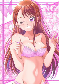bare_arms bare_shoulders bra bra_pull bra_strap breast_slip breasts brown_hair bug butterfly cleavage cleavage_cutout clothes_pull clothing_cutout collarbone floral_background gyaru hanzou highres hijiri_ageha hirogaru_sky!_precure insect lace lace-trimmed_panties lace_bra lace_panties lace_trim large_breasts long_hair looking_at_viewer mature_female neck nipples one_eye_closed open_mouth panties parted_bangs partially_undressed pink_bra precure stomach teeth twitter_username underwear undressing very_long_hair watermark