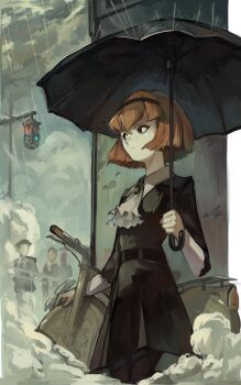 2boys 2girls absurdres android black_eyes bob_cut dress hairband highres holding holding_umbrella kornod motor_vehicle motorcycle multiple_boys multiple_girls outdoors r_dorothy_wayneright rain red_hair roger_smith short_hair smoke solo_focus standing the_big_o traffic_light umbrella