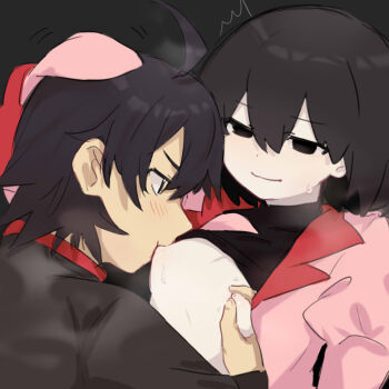 1boy 1girl :3 ^^^ ahoge araragi_koyomi black_background black_eyes black_hair black_jacket black_shirt blush bob_cut breast_sucking breasts closed_mouth clothes_lift commentary empty_eyes foreplay gakuran hair_between_eyes hair_over_one_eye half-closed_eyes hand_on_another&#039;s_head headpat hetero highres jacket juliet_sleeves light_smile long_sleeves monogatari_(series) motion_lines naoetsu_high_school_uniform nipple_stimulation nipple_tweak nipples open_clothes open_shirt oshino_ougi pale_skin pink_shirt puffy_sleeves red_trim school_uniform shirt shirt_lift short_hair sleeves_past_fingers sleeves_past_wrists small_breasts smile sweat sweatdrop tsugumi_(tgm_615486) turtleneck undershirt