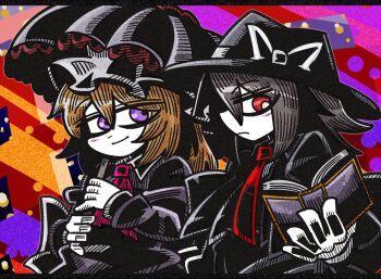 ascot black_capelet black_hair black_hat black_skirt blonde_hair blush book bow capelet dress hair_between_eyes hat hat_bow holding holding_book holding_umbrella long_dress looking_at_another looking_at_object maribel_hearn medium_hair mob_cap necktie pink_ascot purple_dress purple_eyes reading red_eyes sash shirt short_hair skirt sleeve_cuffs suenari_(peace) touhou umbrella usami_renko white_bow white_hat white_shirt