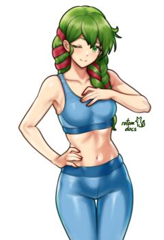 1girl absurdres artist_name bare_shoulders blue_sports_bra braid breasts commission fire_emblem fire_emblem:_archanea_saga green-haired_girl_(fire_emblem:_archanea_saga) green_eyes hair_ribbon hand_on_own_hip highres long_hair looking_at_viewer medium_breasts navel nintendo one_eye_closed ribbon rotomdocs second-party_source simple_background smile solo sports_bra