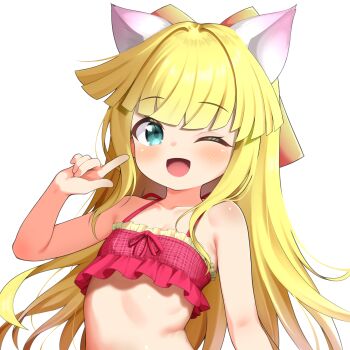 1girl absurdres animal_ears bare_shoulders bemani bikini blonde_hair blue_eyes blush bow character_request chrorhc collarbone commentary_request flat_chest frilled_bikini frills gradient_bow hair_bow hair_intakes highres loli long_hair one_eye_closed open_mouth pink_bikini pink_bow pointing pointing_at_self sidelocks simple_background smile solo sound_voltex swimsuit two-tone_bow upper_body white_background yellow_bow